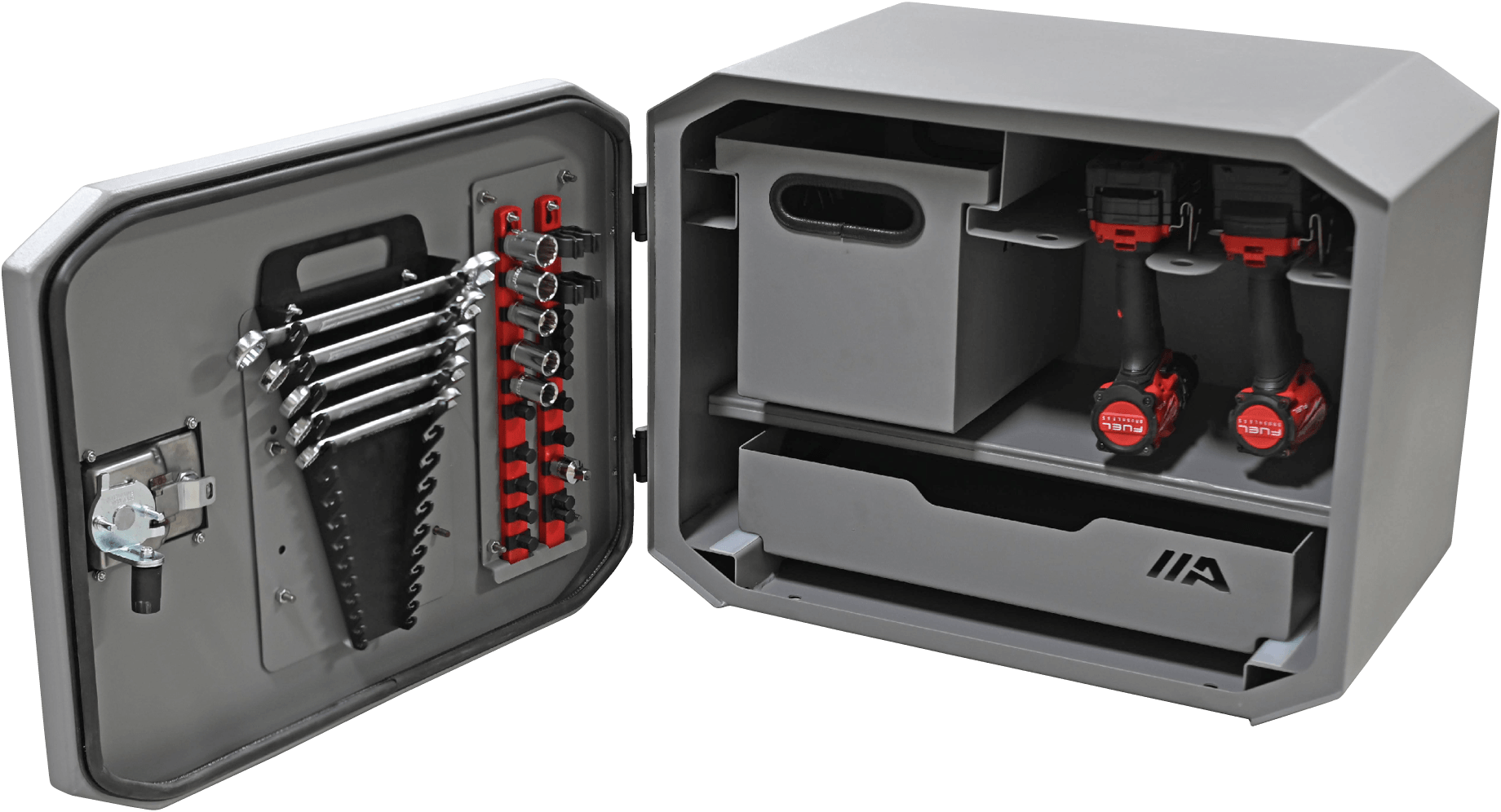 Agrituf T40 Plus toolbox open, showing internal storage and tool features